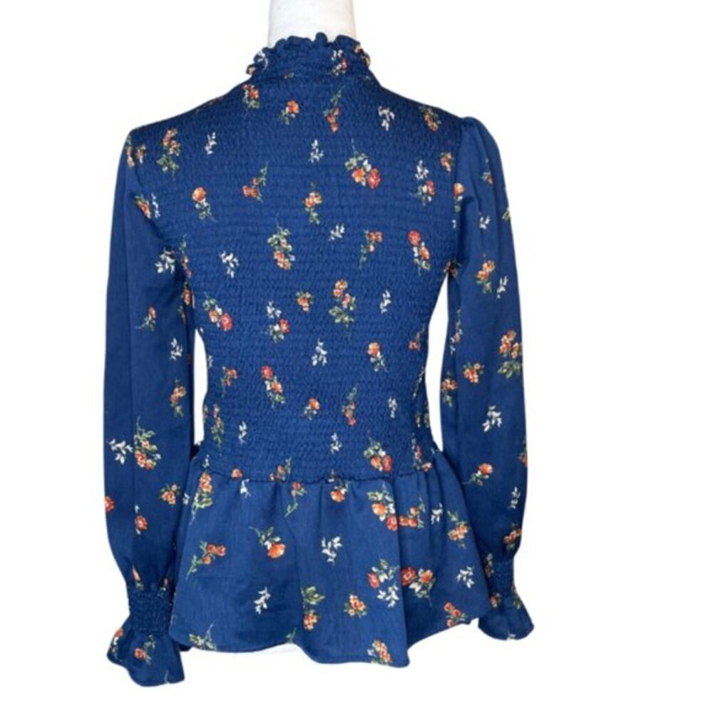 Mary & Mo Dark Coquette Smocked Floral Blouse - Navy Mock Neck Peplum Sz S - Picture 3 of 7